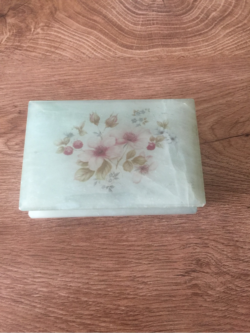 Floral Carved Stone Trinket Box in Pale Green